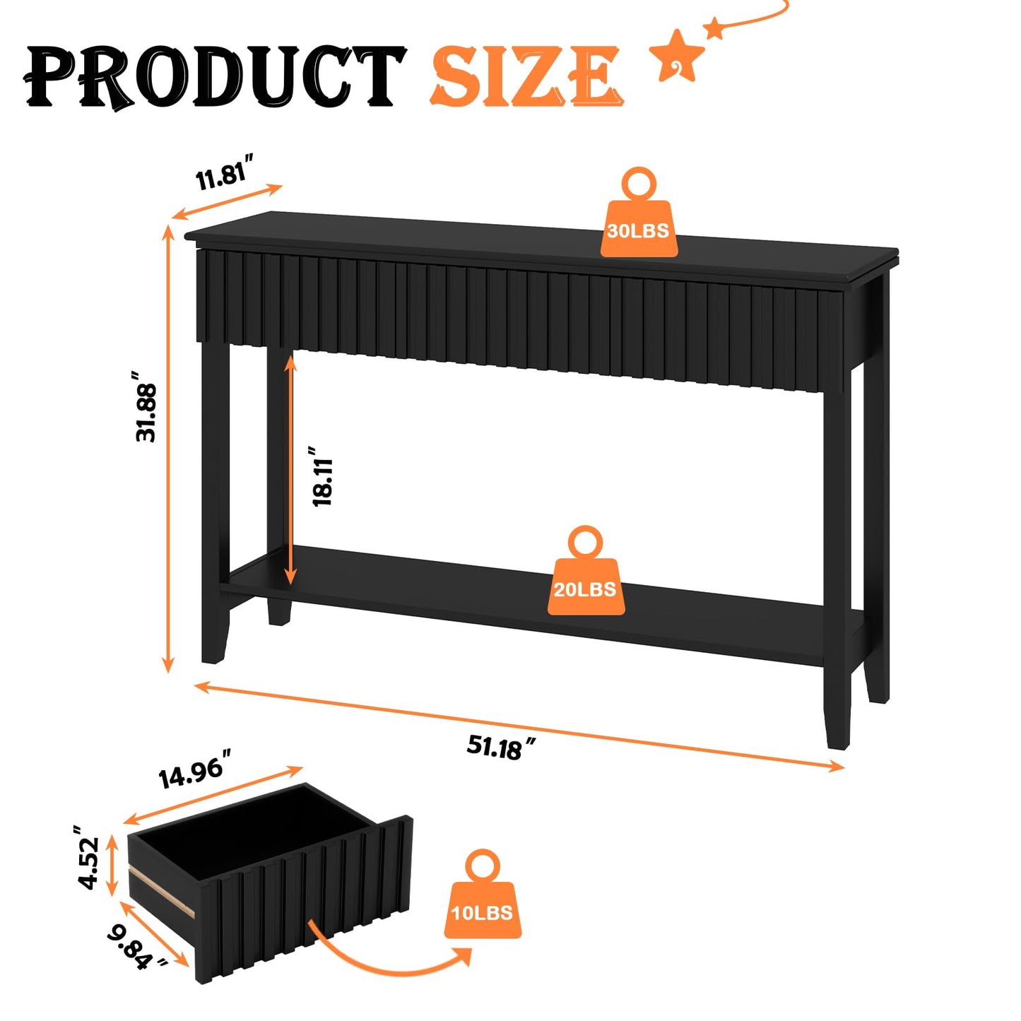 LAZZO Painted Wood Console Table Narrow Long Sofa Table Modern Behind Couch Table Fluted Entryway Table with 3 Drawers and Open Storage Shelf for Living Room, Foyer and Hallway Black (Black, 1 Tier)