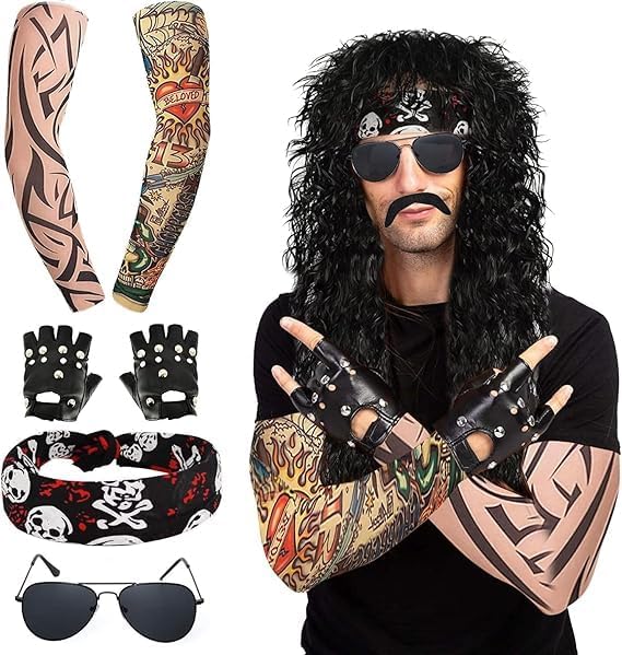 Svzadipe 7 Pcs Rocker Costume Men's Curls Disco Party with Wigs Sunglasses Beards Sleeves Gloves Headscarves for 70s 80s 90s