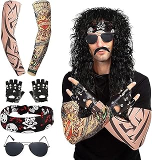 Svzadipe 7 Pcs Rocker Costume Men's Curls Disco Party with Wigs Sunglasses Beards Sleeves Gloves Headscarves for 70s 80s 90s