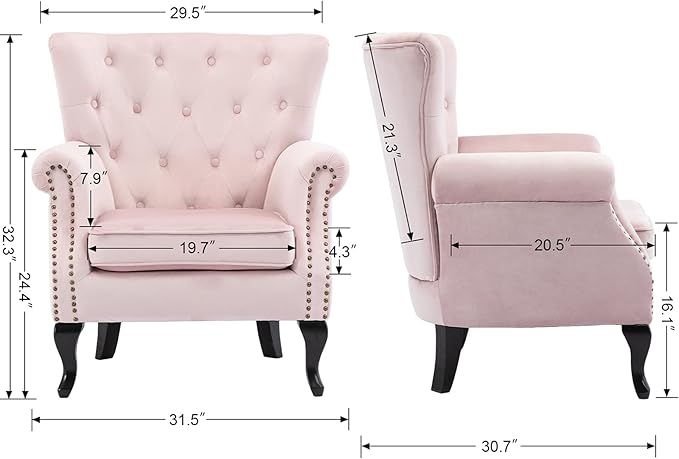 DM Furniture Mid Century Accent Chair for Living Room, Velvet Button Tufted Armchair Wingback Club Chair Single Sofa Lounge Chair with Pillow for Reception/Bedroom, Pink