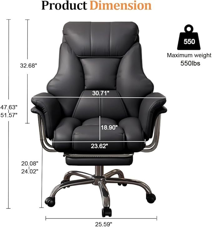HDHNBA Big and Tall Office Chair 550 lbs Extra Wide Leather Executive Chair with Retractable Footrest, Heavy-Duty Ergonomic Chair, Adjustable Height Computer Gaming Chairs