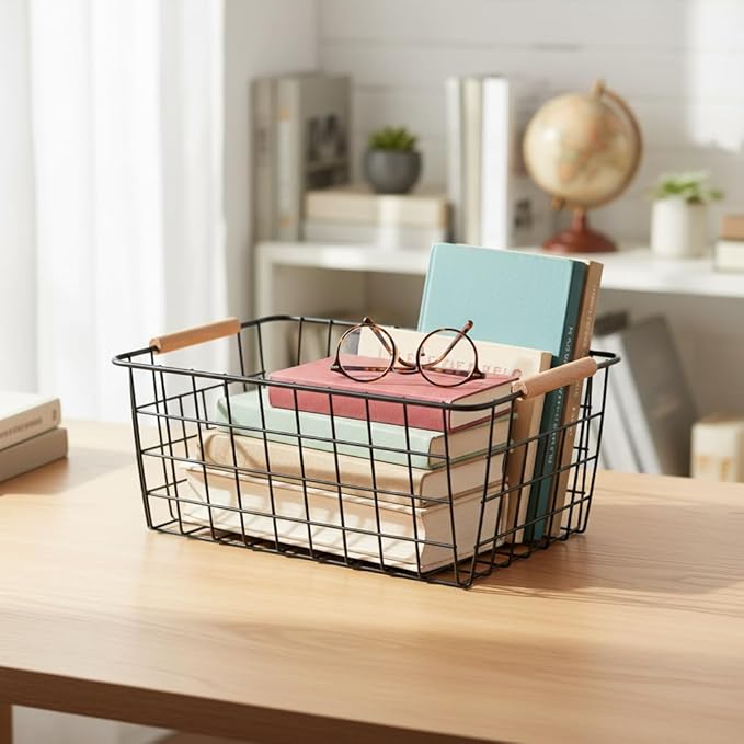 Metal Wire Food Storage Basket Organizer with Wooden Handles for Organizing Kitchen Cabinets, 4 Packs-Black