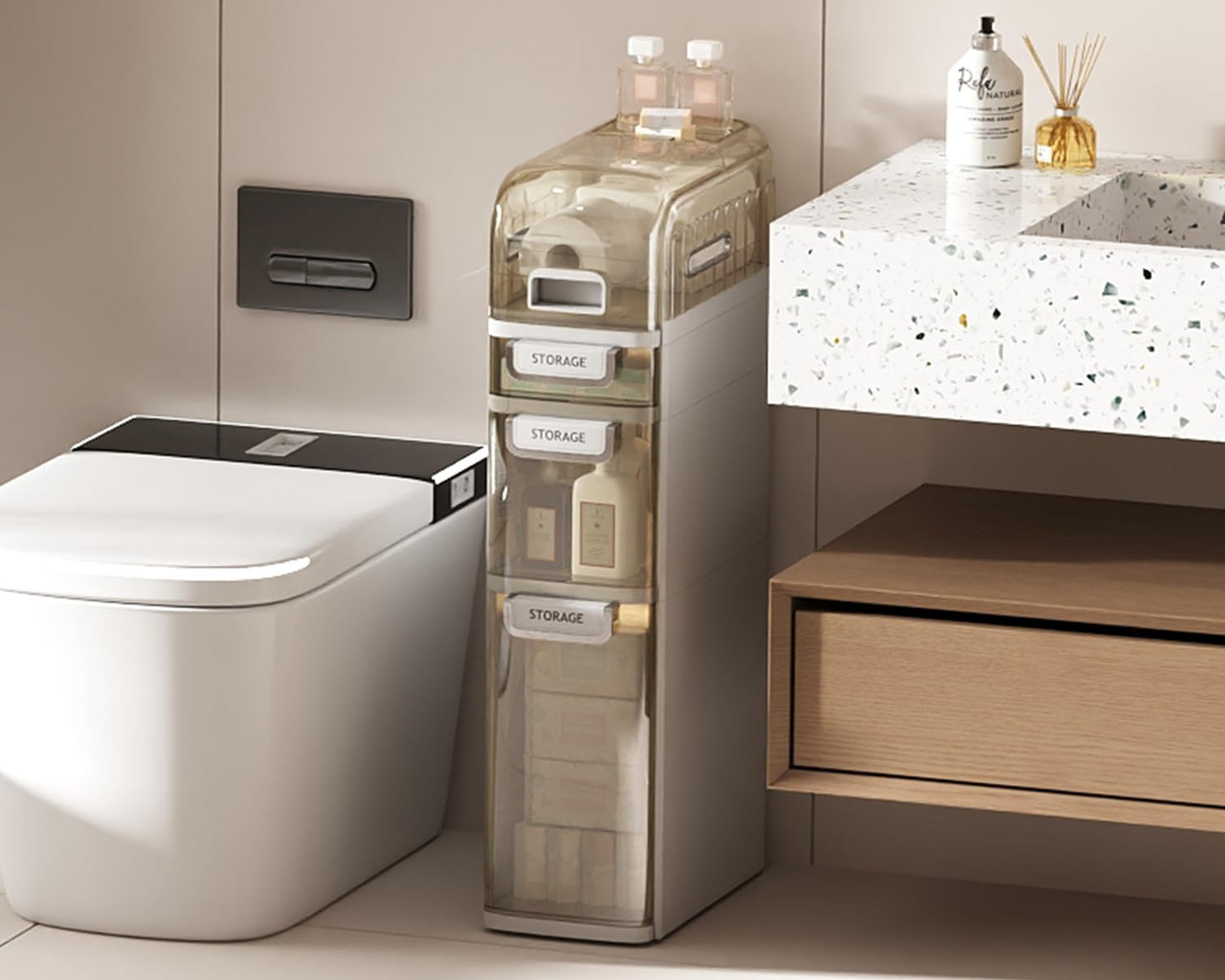 Seeday 3 Tier Slim Bathroom Storage Cabinet, Narrow Organizer with Wheels and Toilet Paper Holder, Waterproof, No Assembly Required, Perfect for Small Spaces in Bathroom, Kitchen and Bedroom