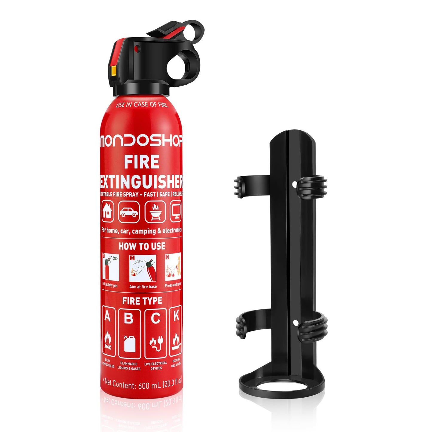 Portable Fire Extinguisher for Home - Mondoshop 1-Pack Water-Based Small Fire Extinguisher with Mount for A, B, C, K Fire, Suitable for Vehicle, Kitchen, Home, Car, Camping, Boat, Business