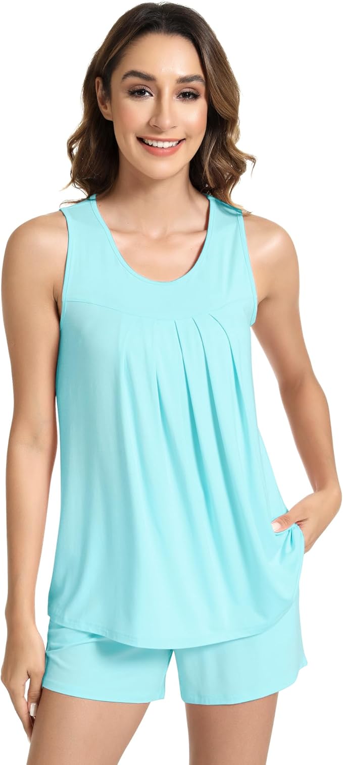 NACHILA Pajamas for Women-Viscose from Bamboo, Ribbed Racerback Tank Top Sexy Split Shorts Pajama Sets Cooling Sleep Cami Pjs