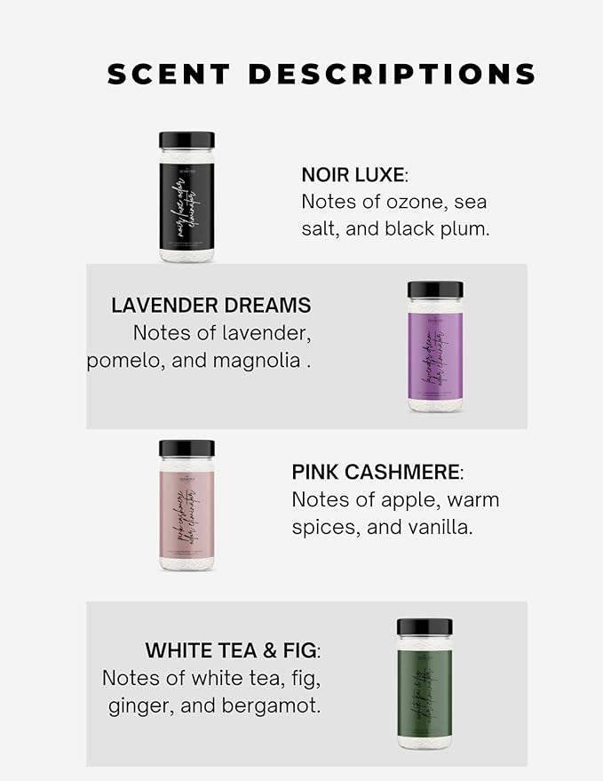 “Hotel” Carpet Powder Bundle – 4 Pack: Noir Luxe, Lavender Dreams, Pink Cashmere, White Tea & Fig – Odor Eliminator for Home, Upholstery & Pet Areas