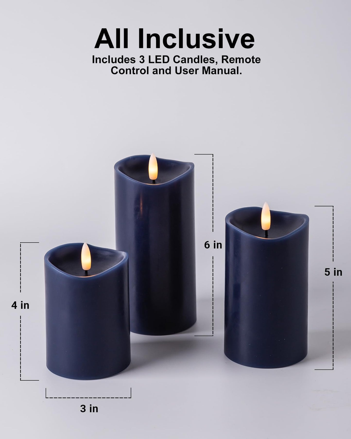 Velsyn Navy Blue Flameless Candles with Remote and Timer, Real Wax Made LED Pillar Candles Battery Operated with 3D Flickering Flame Melted Top, 3" x 4", 3" x 5", 3" x 6", Navy Blue Decor, Set of 3