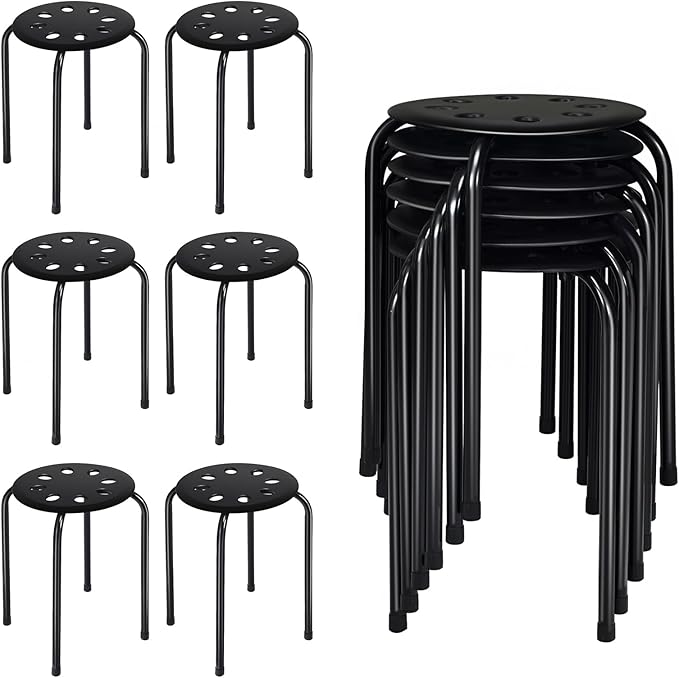 POWERSTONE Stackable Stools Set of 6, 17.5in Portable Stacking Bar Stool Black Classroom Stools with Iron Legs Round Nesting Chairs Flexible Seating for Home Office School