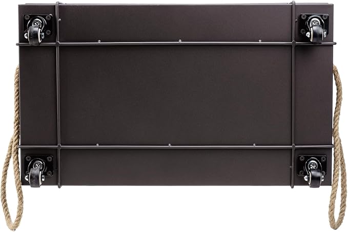 MyGift 26 Inch Industrial Brown Metal Entryway Boot Tray with Wheels and Decorative Rope Handles, Under Bed Storage Shoe Container Cart