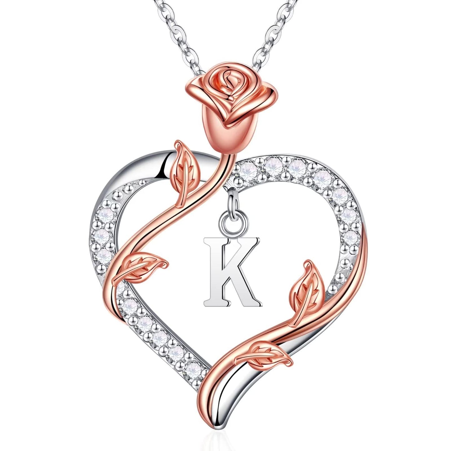 Iefil Gifts for Her Women - 925 Sterling Silver Rose Heart Initial K Letter Pendant Necklace Christmas Mothers Day Valentines Jewelry Gifts for Her Mom Wife Girlfriend Anniversary Birthday