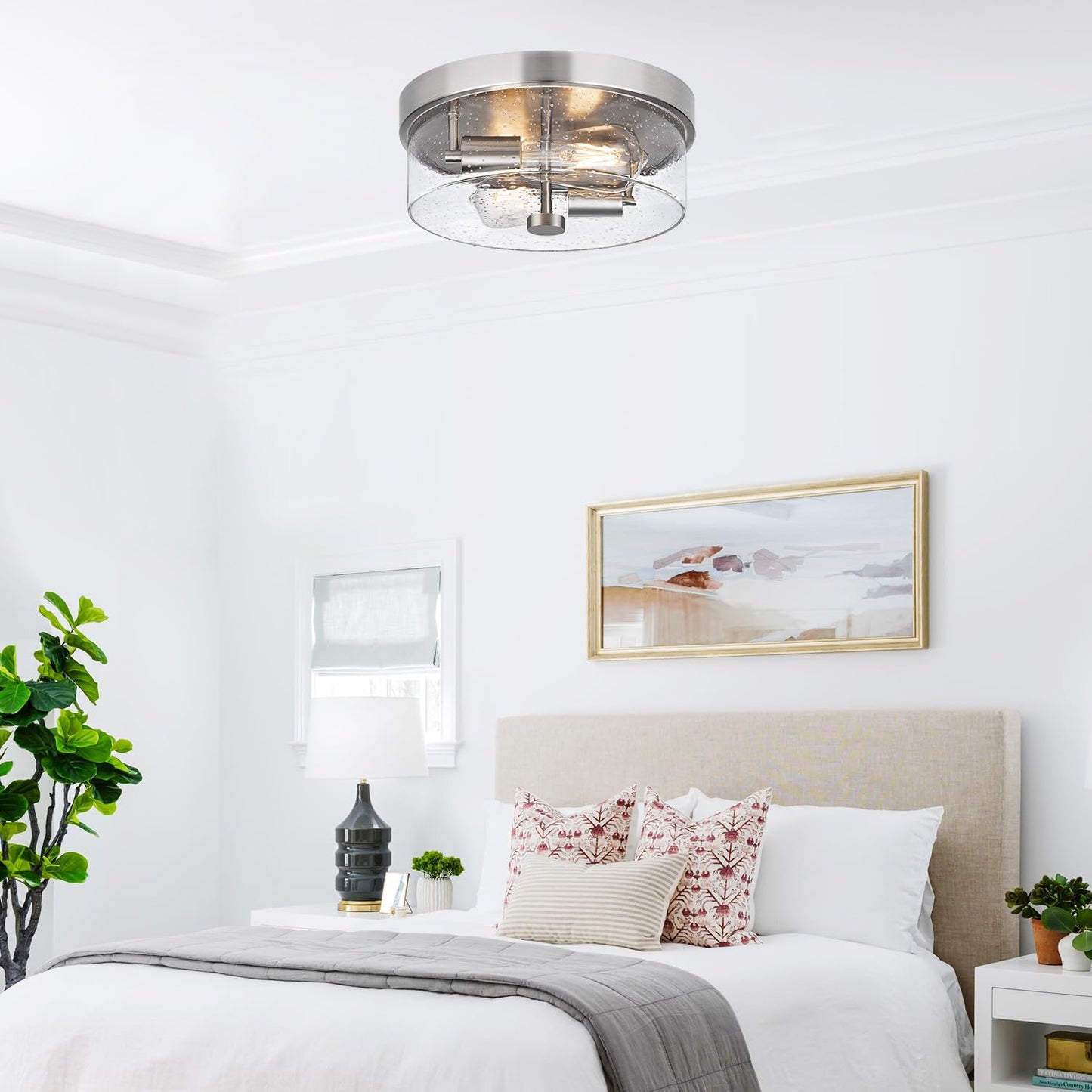 Flush Mount Ceiling Light Fixtures, 2-Light 12 Inch Brushed Nickel Close to Ceiling Light Fixtures with Seeded Glass Shade Ceiling Light Fixture for Porch, Hallway, Bathroom, Dining Room and Foyer