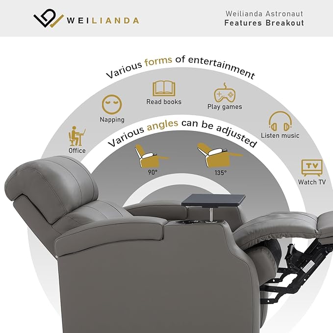 Weilianda Home Theater Seating, Top Grain Leather Sectional Seats Recliner Chair, Zero Gravity Reclining Sofa with Power Headrest 7 Colors Ambient Lighting USB C Charge Row of 5 Grey
