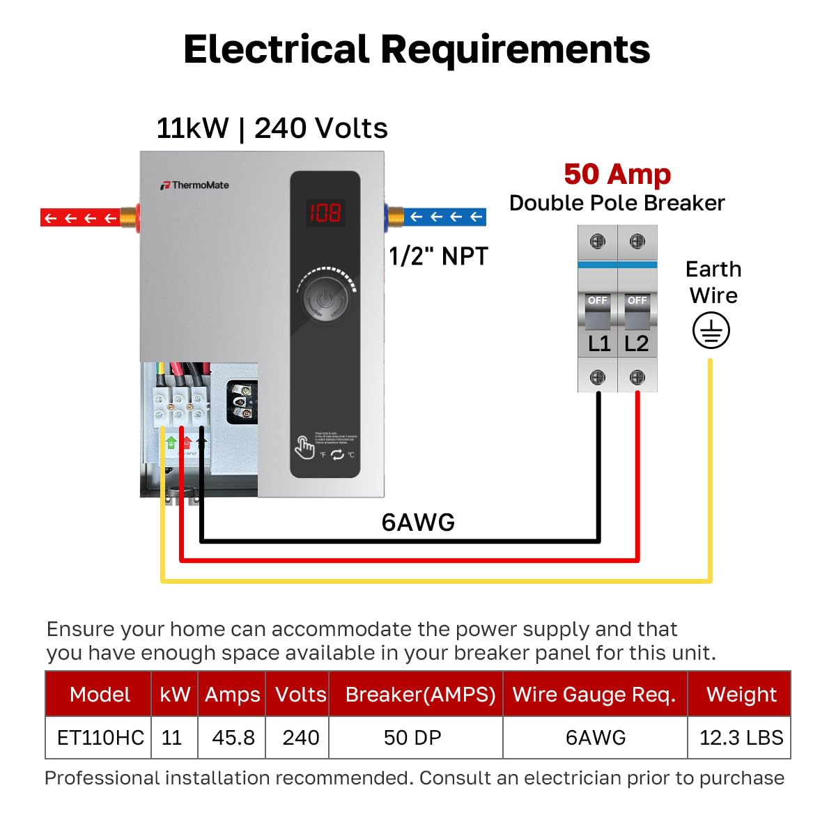 ThermoMate Tankless Water Heater Electric, 11kW 240 Volt On Demand Instant Hot Water Heater for Point of Use, Self-Modulating LED Display Knob Control, ETL Certified, 2.15GPM at 35°F Rise