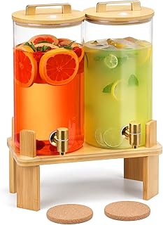 1.5 Gallon 2 PACK Glass Drink dispenser, Beverage Dispenser With Wood Stand, Lemonade Dispenser with Airtight Valve and St...