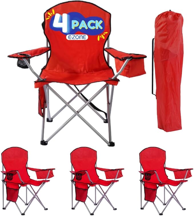 EZONE 4-Pack Camping Chairs with Built-in Ice Cooler, Portable Chair, Storage Pocket, Cup Holder, and Carry Bag Perfect for Camping, Tailgating, Fishing, Beach, and Lawn (4, Red)