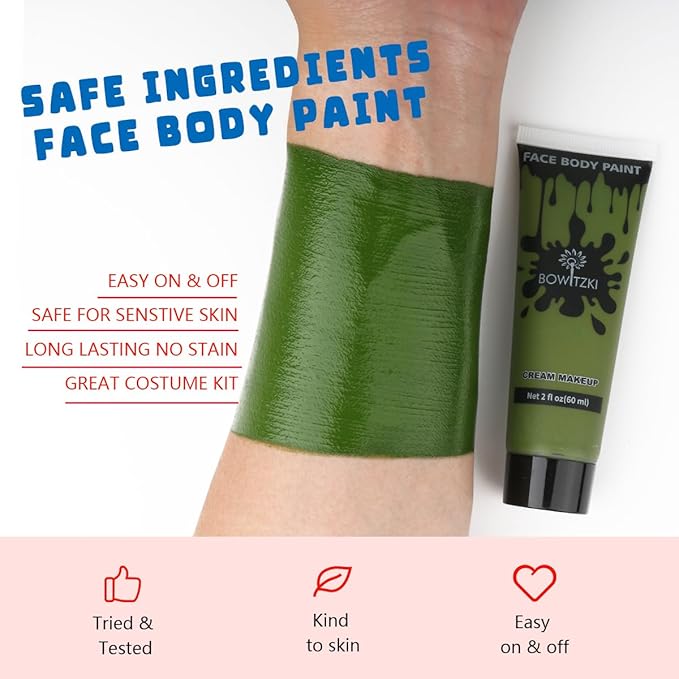 Bowitzki Face and Body Paint 2oz Cream Makeup 60ml Water Based Face Painting Special Effects For Adults Children Kids Halloween Christmas Party Stage Cosplay (Dark Green)