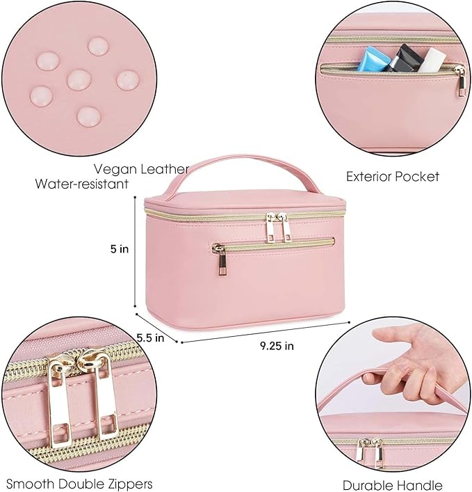 Wandering Nature Makeup Bag, Travel Make Up Organizer Cosmetic Brush Bags Case for Women in Vegan Leather, Pink, Patent Pending