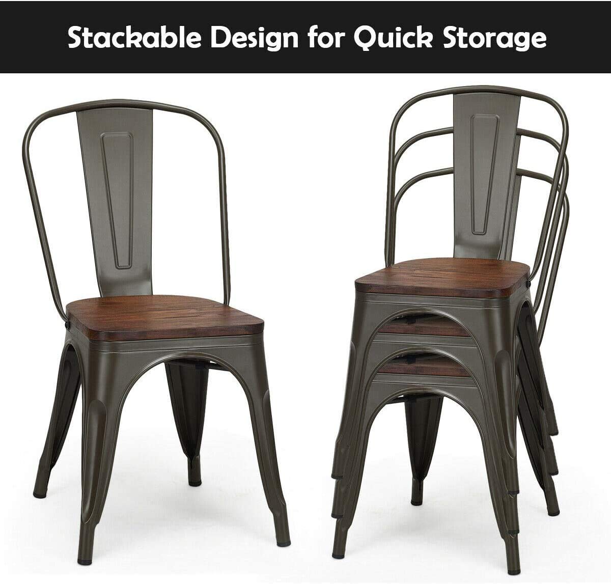 LDAILY LUARANE 18 Inch Dining Chair Set of 4, Vintage Industrial Stackable Counter Metal Bar Chairs, w/High Backrest Wood Seat Surface, for Home Kitchen Cafe Bar Use