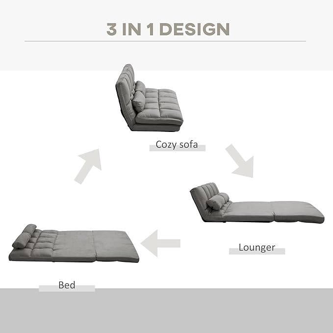 HOMCOM Convertible Floor Sofa Chair, Folding Couch Bed, Guest Chaise Lounge with 2 Pillows, Adjustable Backrest and Headrest, 51.25" L, Dark Gray