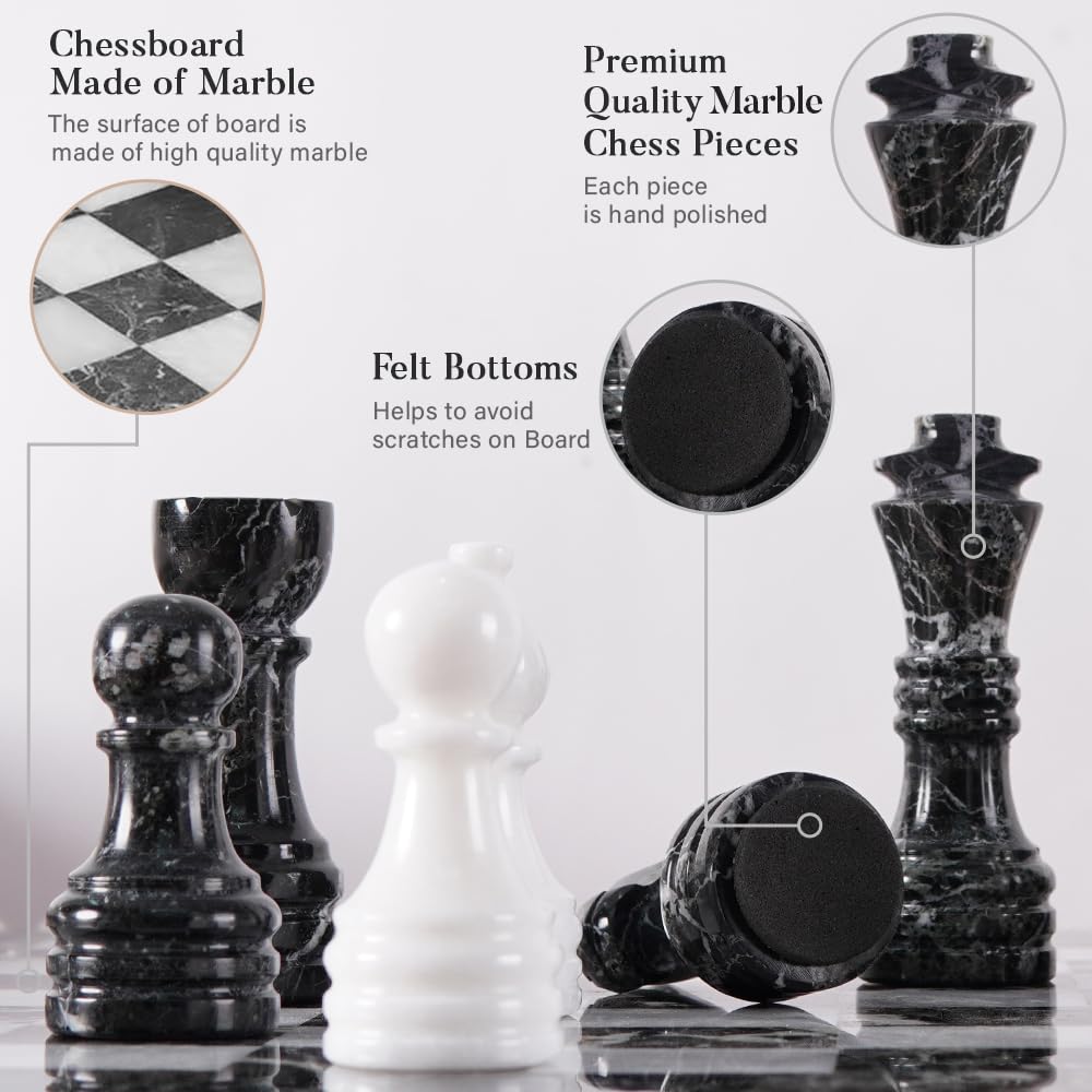 Earthen Crafts Marble Chess Set Black & White 15" Inch with Storage Box for Tournament Beginners and Professional Players, Ideal Board Game Set with Chess Pieces for All Ages