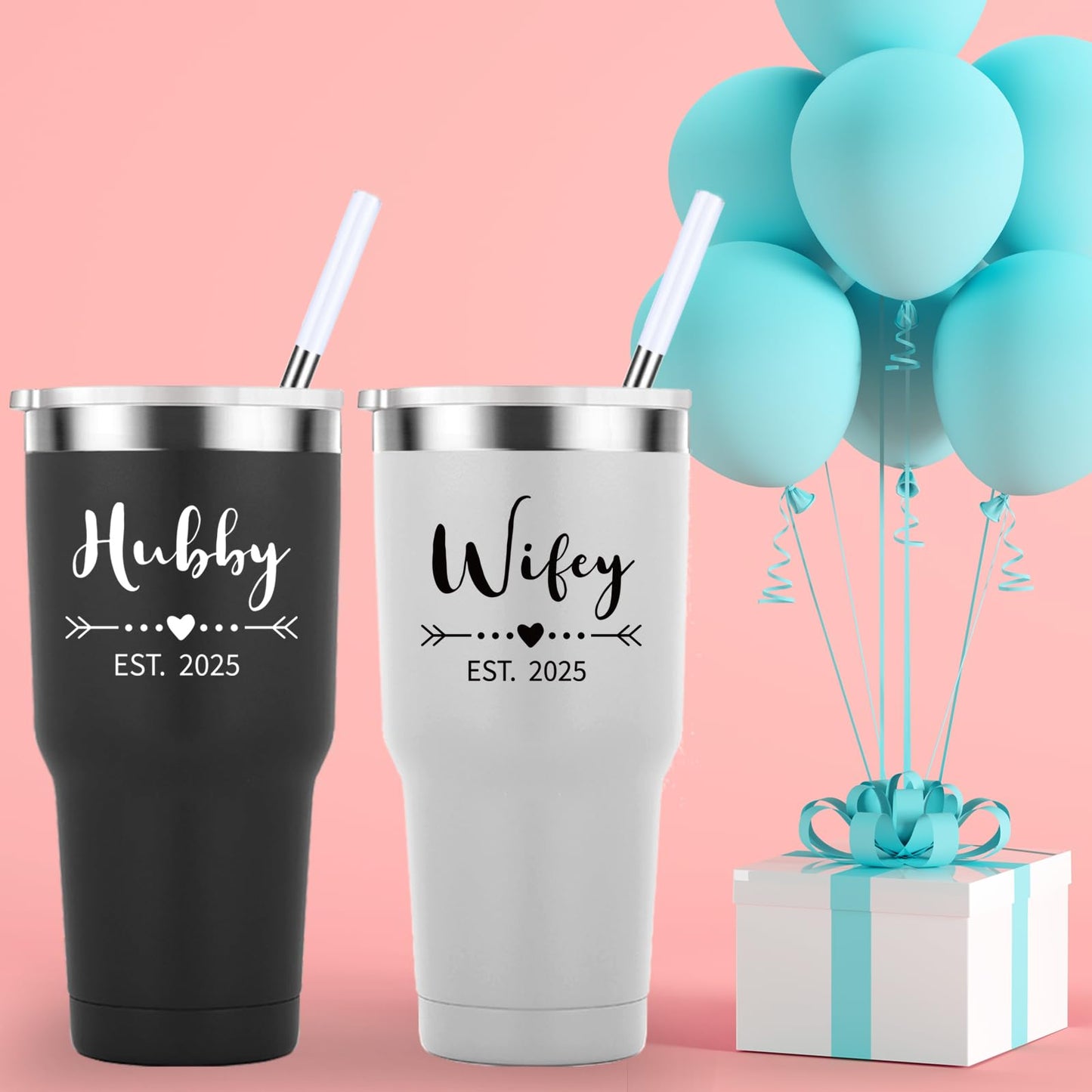 Mamihlap Hubby & Wifey Est 2025 Travel Mug 30oz Tumbler.Valentine’s Day Gifts.Anniversary Wedding Engagement Gifts.Gift for Couple Her Him Bridal Shower Husband Wife Newlywed Couple.(Black&White)