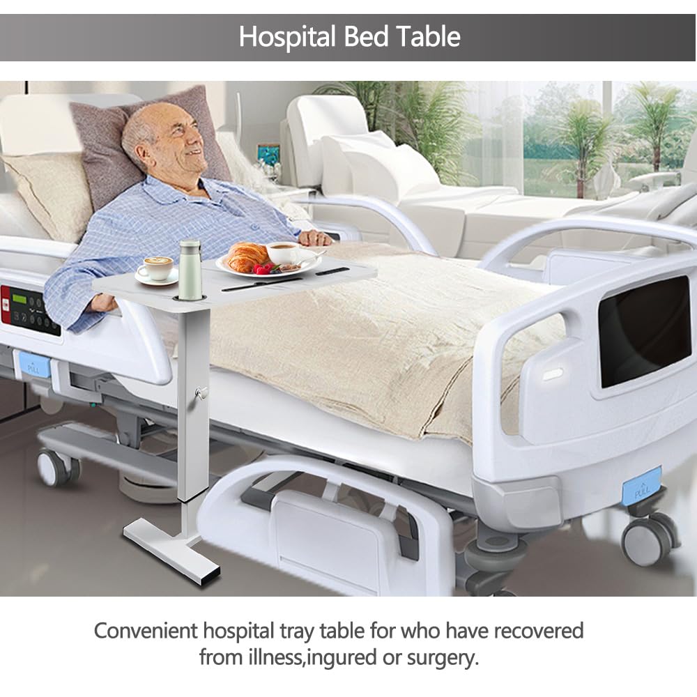 BeGyoku Overbed Table,Hospital Bed Table,Pneumatic Bed Tables Adjustable Over The Bed with Hidden Wheels&USB Port,Mobile Laptop Table Cart and Rolling Bedside Table with Tray Hospital Home Use-White
