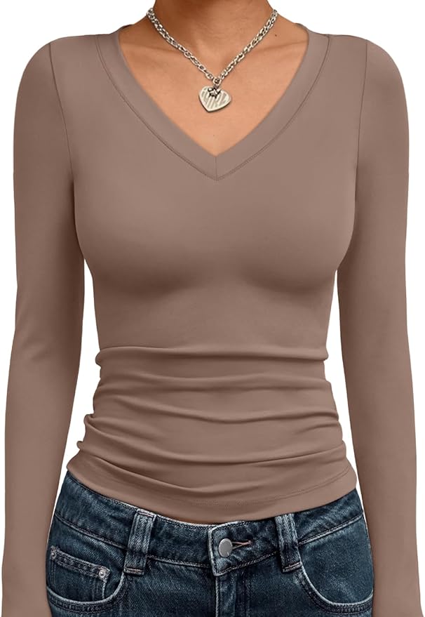 Trendy Queen Long Sleeve Shirts for Women 2026 Fall Fashion V Neck Basics Crop Tops Slim Fitted Y2K Tops Outfits Clothes