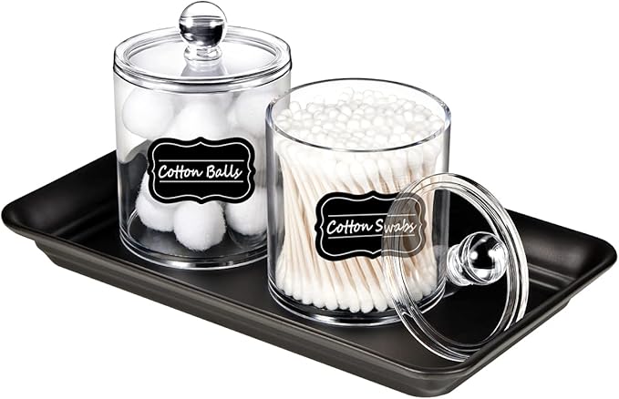 SheeChung 2 Pack Qtip Dispenser Apothecary Jars Bathroom with Labels - Qtip Holder Storage Canister Clear Plastic Acrylic Jar for Cotton Ball, Pads, Swab,Q-tips, Rounds (Small)