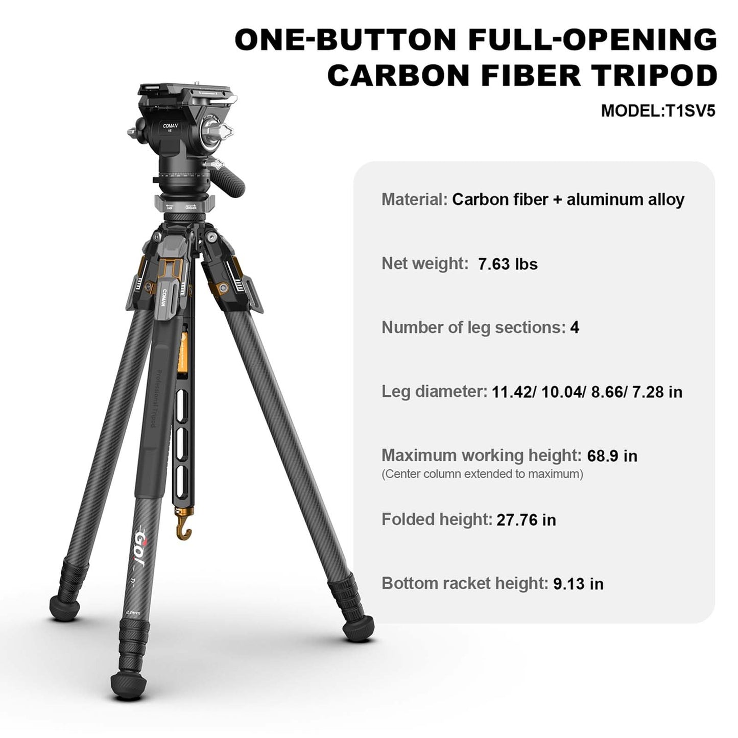 COMAN T1SV5 One-Snap Release Carbon Fiber Tripod, 63" Adjustable Professional Tripod for Camera, Heavy Duty Camera Tripod with V5 Fluid Head for Canon Nikon DSLR Telescope, Max Load 22 LB
