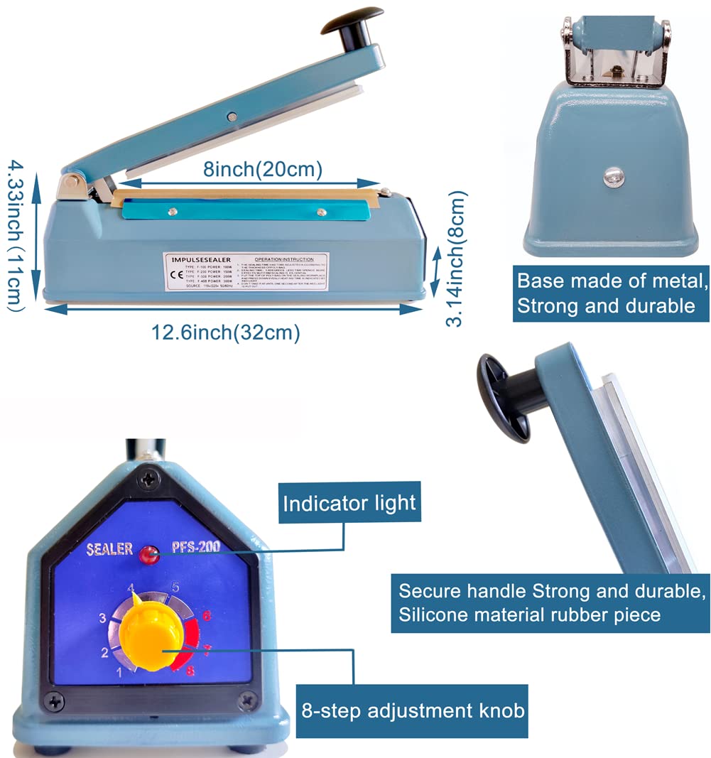 Impulse Heat Sealer 8 Inch 5mm Mylar Bag Sealer Heat Seal Machine, 110v Manual Heat Sealer for Plastic/Poly/Cookie Bags, 8 Replacement Parts & Teflon Cloth Strip(2 Round Cutter Lines Included)