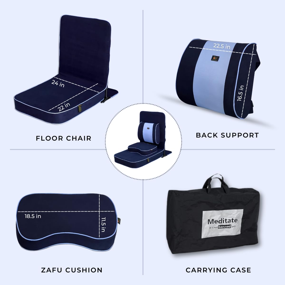 Friends of Meditation Extra Large Meditation Chair and Yoga Chair w Back Support Cushion and Meditation Block | Yoga Chair for Adults | Premium Floor Chair | Portable | Navy Blue, Seat Size: 24x22 in