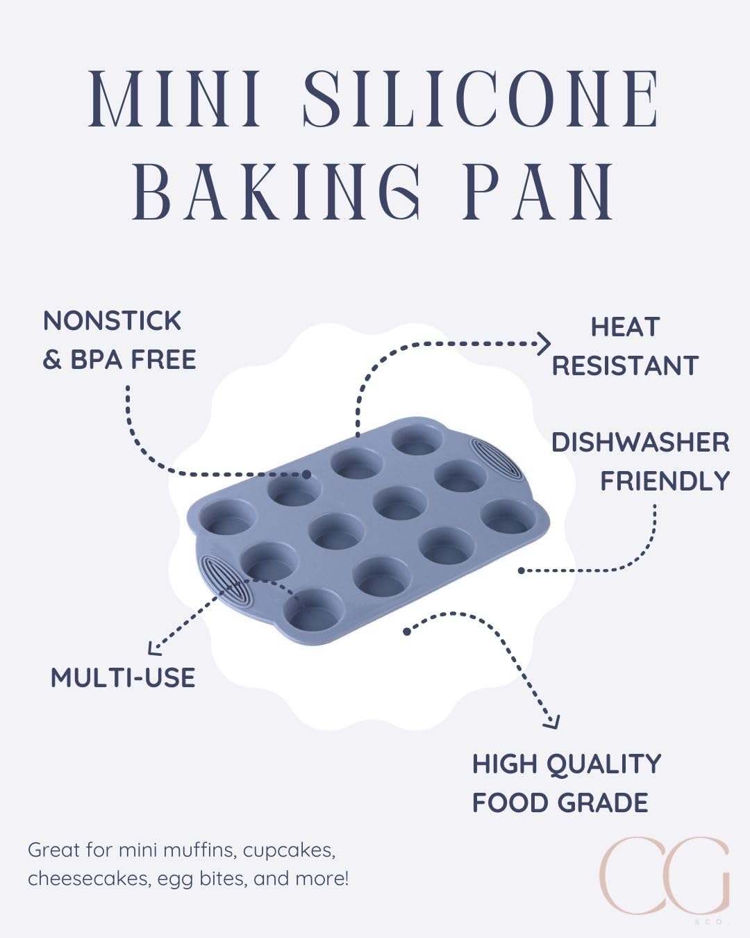CG&CO. 2-Pack 12-Cup Silicone Mini Muffin Pan - BPA Free, Nonstick Bakeware for Mini Cupcakes, Muffins, and More