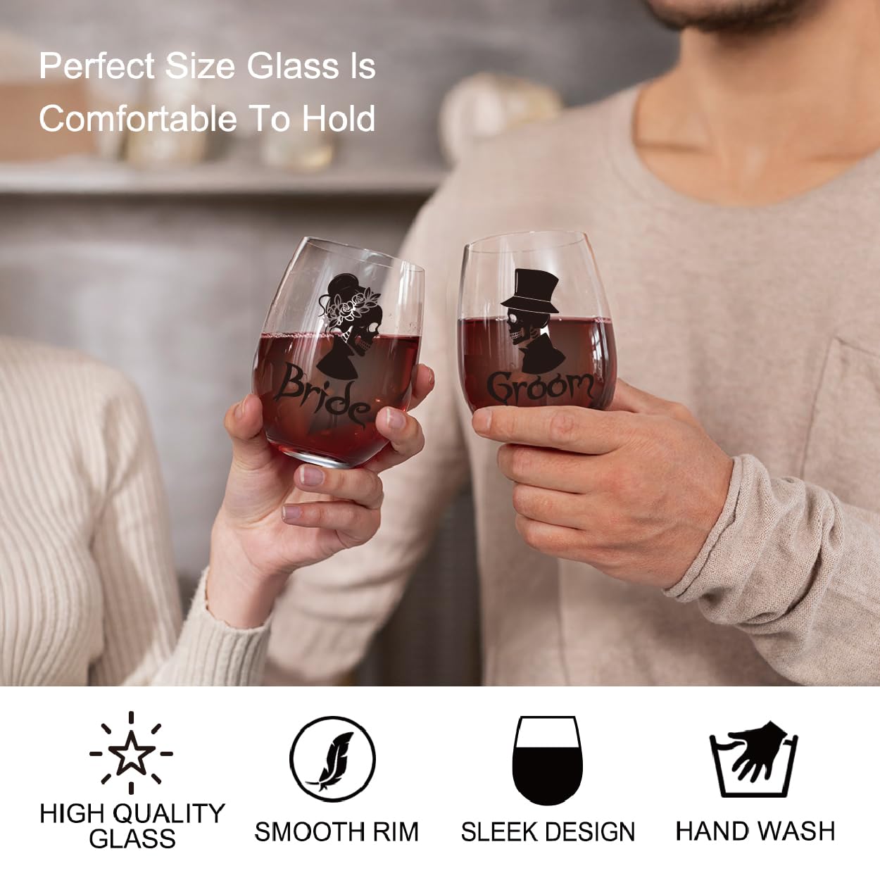 Perfectinsoy Skull Wine Glass 2 Piece with Gift Box, Zombie Design, Valentine's Day Autumn Halloween, Anniversary Wedding Gifts, Couple Gifts for Boyfriend and Girlfriend. (Bride Groom Set of 2)