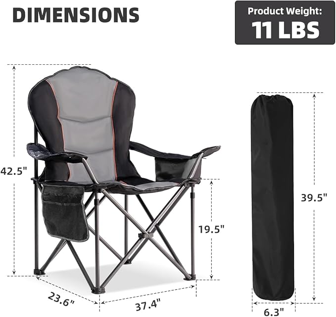 Foristrail Large Camping Chair with Side Table Heavy Duty 500LBS - Folding Outdoor Chair with Cooler Bag (Black & Gray, 1 PCS)