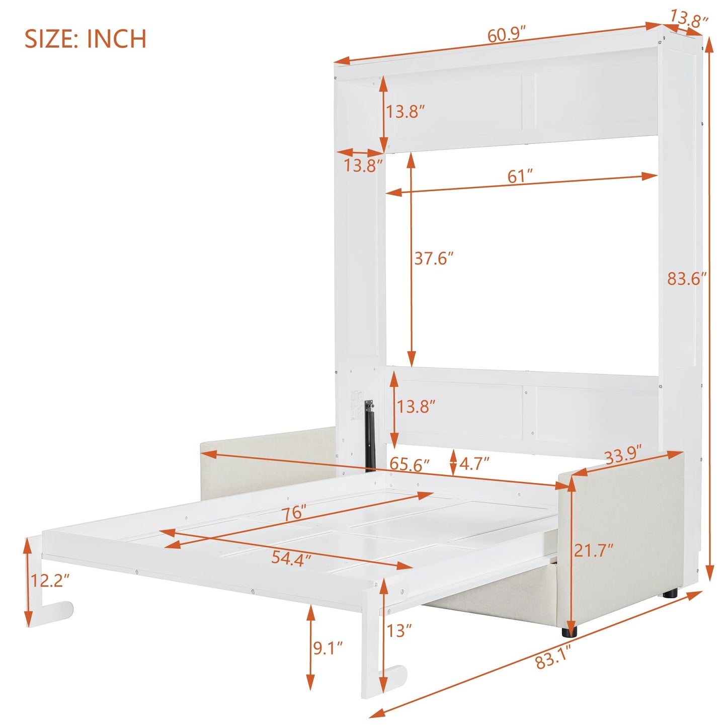 Ball & Cast Murphy Bed Full Size Wall Bed with Sofa,can be Folded,Multifunctional Wood Hideaway Cabinet Bed Frame,Slat Support,Save Space,for Apartment,Guest Room,White