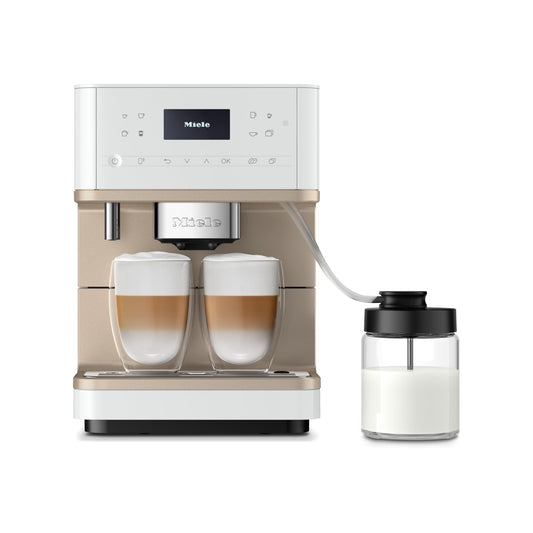 Miele CM 6360 MilkPerfection Automatic Coffee Machine - OneTouch for Two, AromaticSystem, 8 individual profiles, DoubleShot, WiFi-compatible, LED lighting, in Lotus White CleanSteel Metallic
