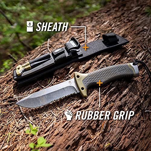 Gerber Gear Ultimate Survival Knife, Fixed Blade Knife with Combo Edge, includes Fire Starter Edge and Ferro Rod, Whistle,...