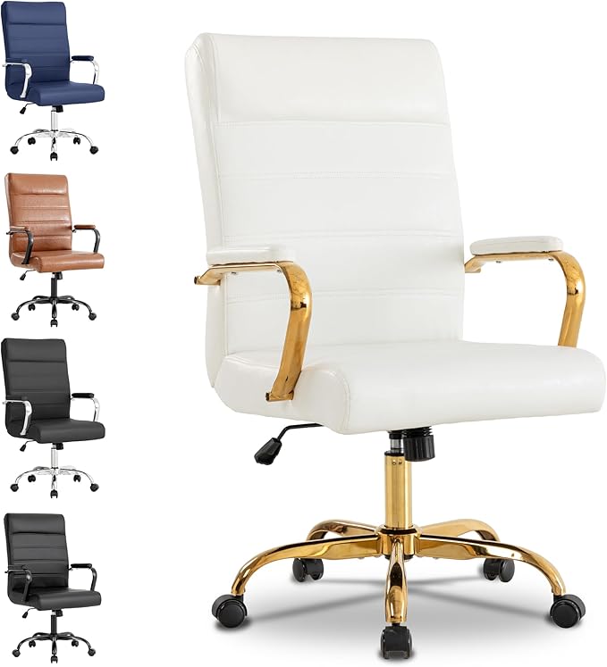 BOWTHY White and Gold Office Desk Chair, Modern Leather Conference Room Chairs, High Back Ergonomic Home ofiice Chair, Adjustable Height Swivel Executive Computer Chair with Padded Seat and Armrest