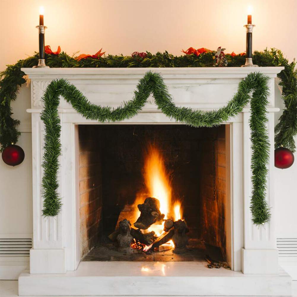 50 Feet Green Tinsel Artificial Pine Decorative Greenery Tinsel Stems Non-Lit Soft Twist Garland 12 Inch x 2Inch for Holiday Season Outdoor Indoor Party Decorations