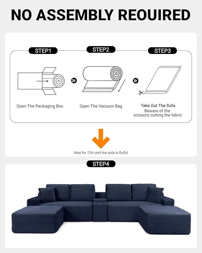 150" Oversized Modular Sectional Sofa,Deep Seat Cloud Corduroy Boneless Couch with Cup Holders,USB Ports, Wireless Charging & Storage Box,Upholstered Modular Sleeper Sofa for Living Room (Blue)