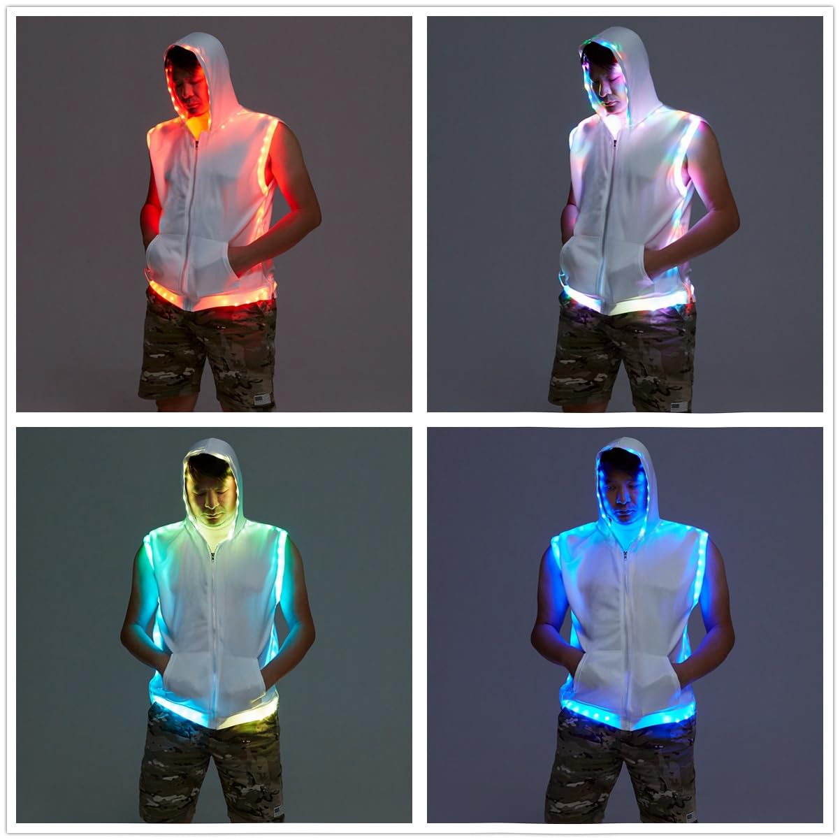 Men's White Hooded Tank LED Light Up Music Player DJ Shirt Disco Outfit Rave Tops Night Club Show for Halloween Dance Party (White, XL)
