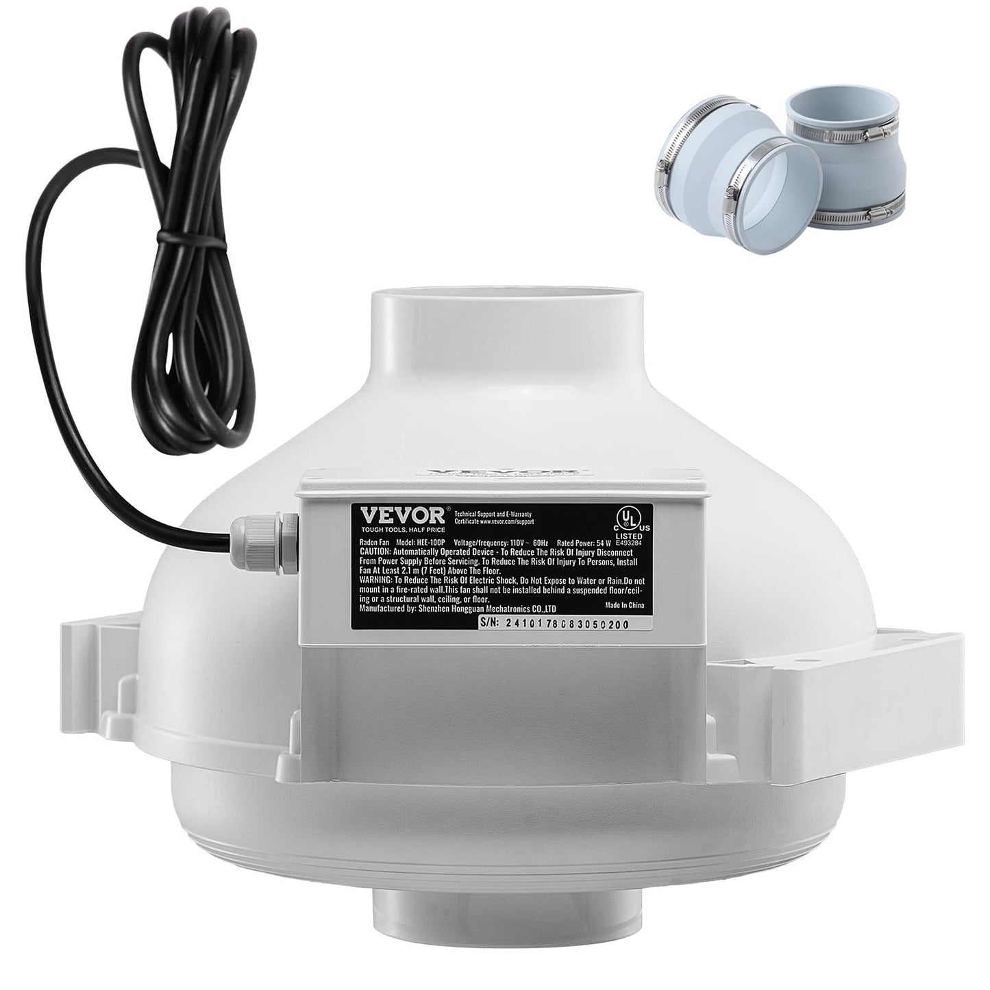 Vevor 4 To 4.5 Inch Radon Mitigation Fan System, Quiet 190 Cfm Radon Mitigation Kit With 2 Couplers, Waterproof Radon Fan Electr