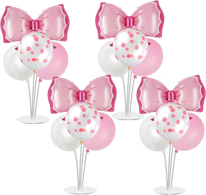 Pink Bow Party Balloon Stand Kit, 4 Sets, Table Centerpiece Decorations for Girls Birthday (pink)