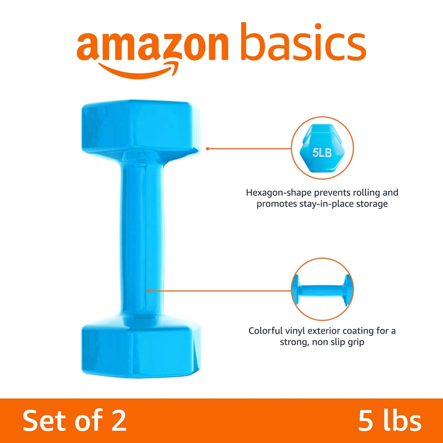 Amazon Basics Vinyl Coated Dumbbell Hand Weights, 5 Pounds, Pair, Light Blue
