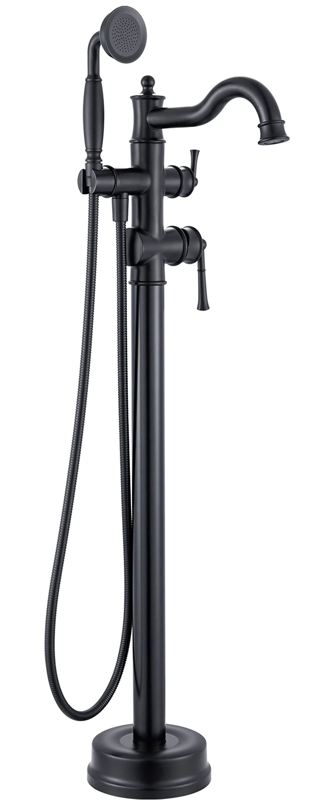 WINKEAR Freestanding Floor Mount Tub Filler with Handheld Shower Roman Bathtub Faucet by Matte Black Finish, Swivel Spout with Brass Rough-in and Water Hose