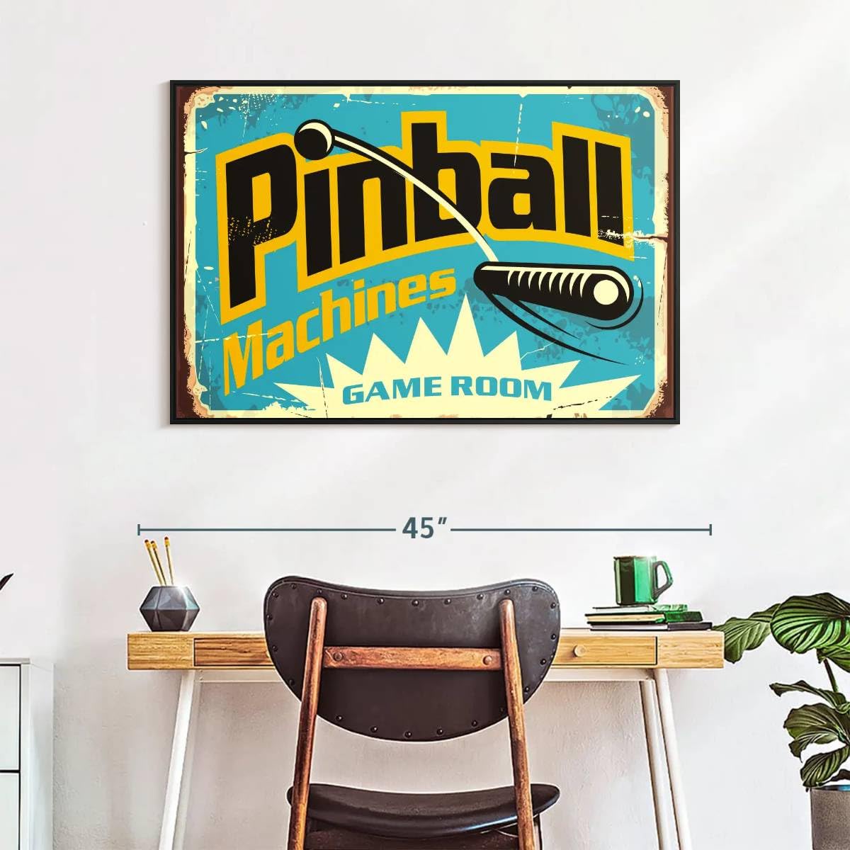ElephantStock Pinball Machine Game Room Wall Art - Horizontal Floating Framed Canvas - 1-Piece Living Room Wall Decor - Retro Digital Art Canvas Print - Turquoise and Black Decor for Wall - 40" X 27"