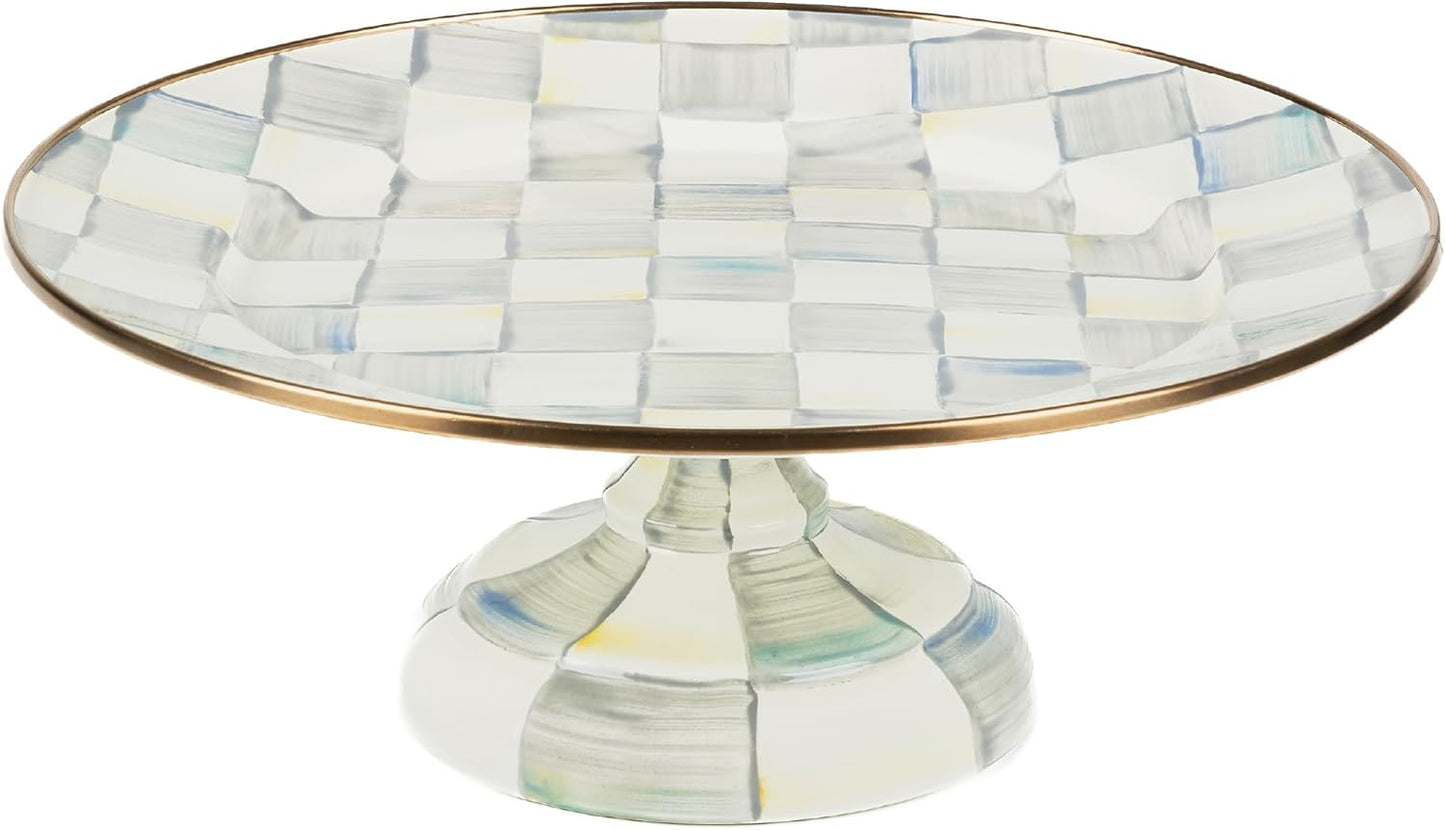MACKENZIE-CHILDS Enamel Pedestal Platter, Round Cake Stand, Small, Gray-and-White Sterling Check