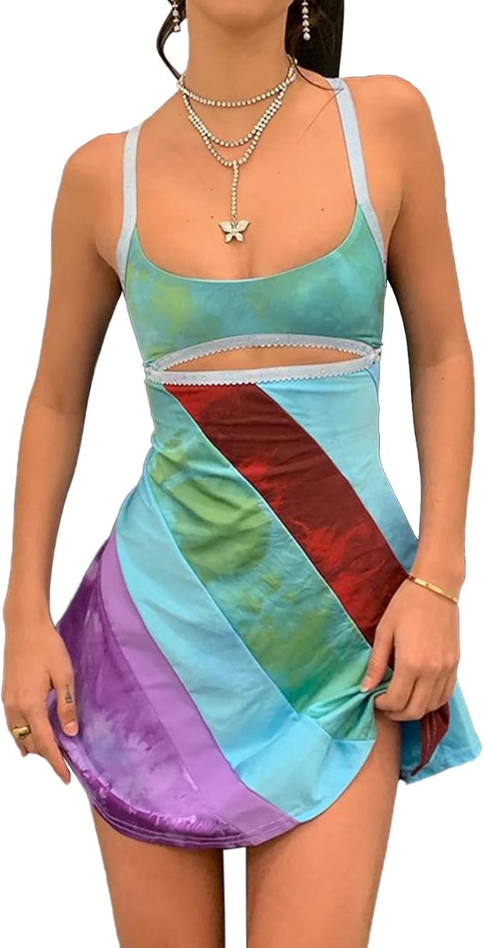 Y2K Dress for Women Summer Sleeveless Rainbow Bodycon Retro Going Out Dress 2000s 70s Halloween Costume