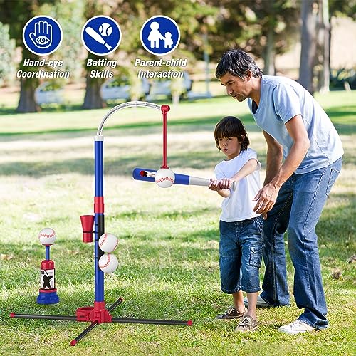 HYES 3-in-1 Baseball Set for Kids 3-5 - Tee Ball Stand, Hanging Tee, Ball Launcher and 6 Softballs - Adjustable Height, In...