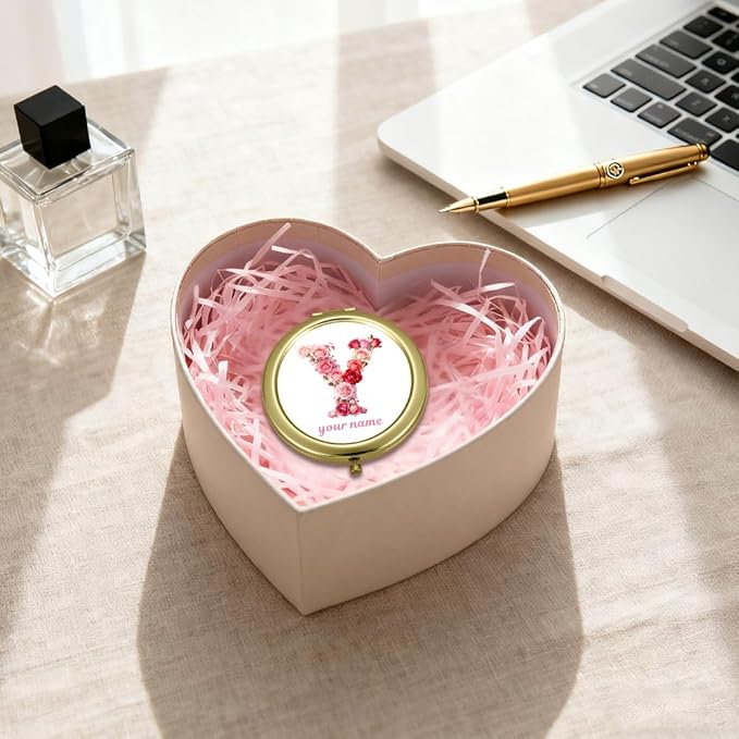 Eunigem Personalized Compact Flower Mirror for Women-Makeup Small Purse Mirror Custom Gift for Girls Women Christians (Pink Rose Color)
